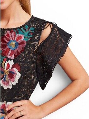 RANNA GILL X ANTHROPOLOGIE Black Prati Embroidered Floral Crochet Dress - XL